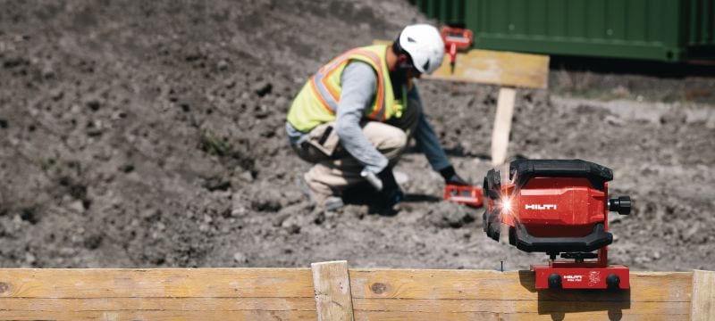 Nivelir z rotacijskim laserjem za enojni naklon PR 40-22 Rotacijski laser za zunanja izravnalna dela nivelira s samodejnimi funkcijami za niveliranje na velike razdalje, poravnavo, nagib in kvadraturo (baterijska platforma Nuron) Vrste uporabe 1